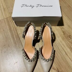 Pinky Embellished Pointed-Toe Slingback Heels in Beige